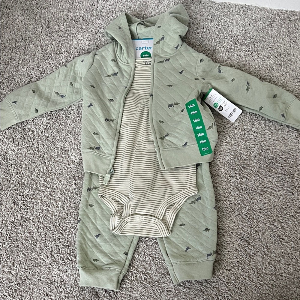 3 PIECE Carter's Sage Green Baby Outfit with Stripes